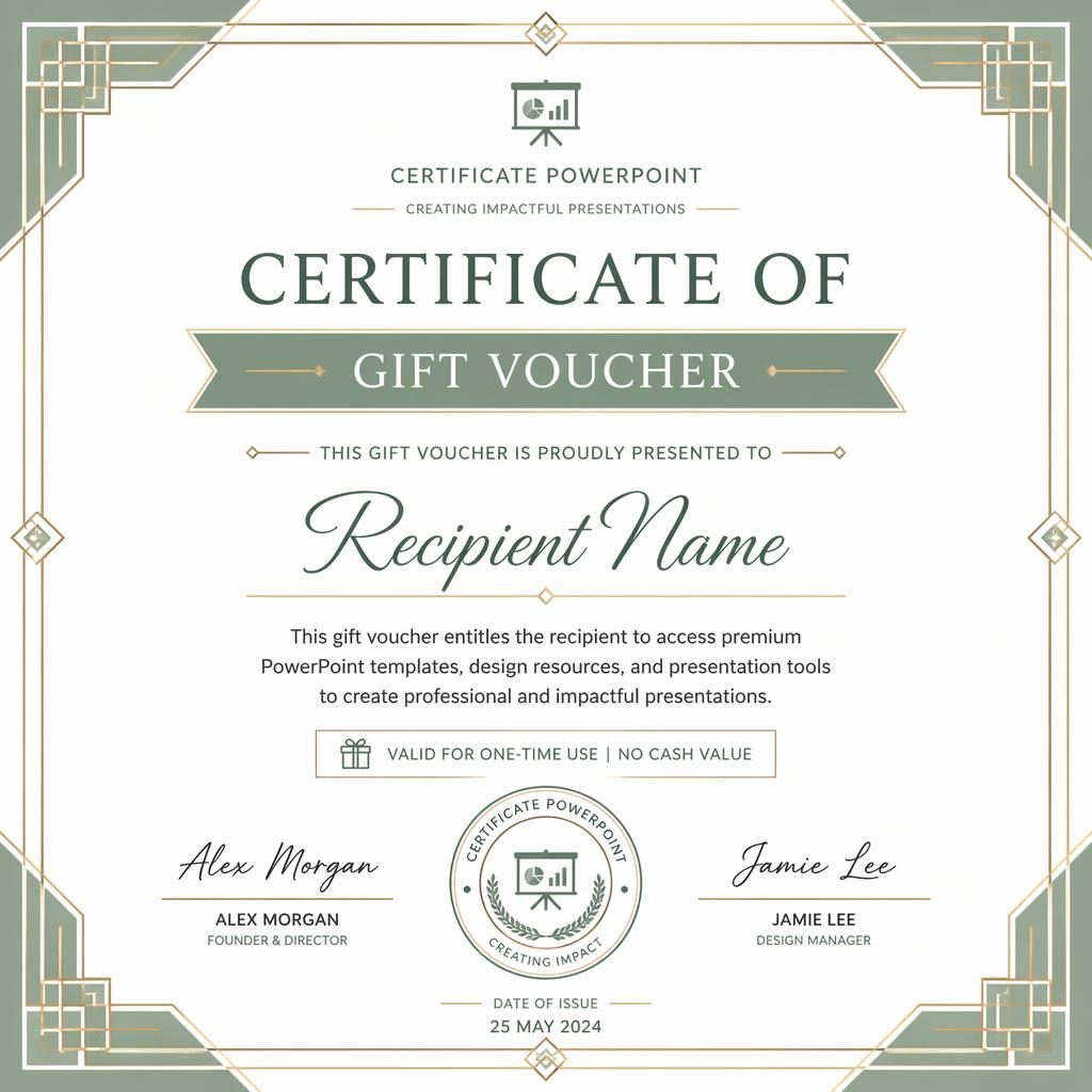 Landscape A4 gift voucher certificate template with art deco geometric border, white and sage palette, signature lines