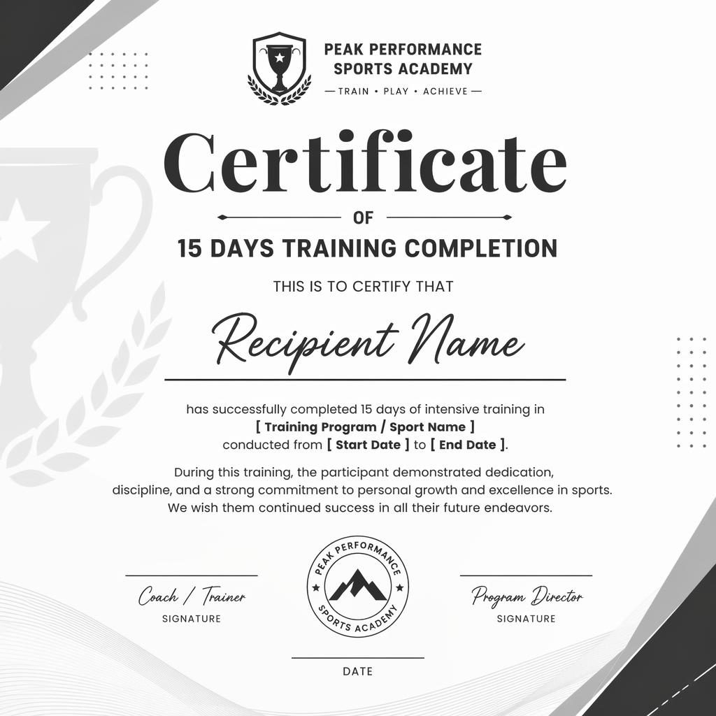Modern minimal landscape A4 certificate template with heading, recipient name placeholder, body text, signature lines, date, and seal.