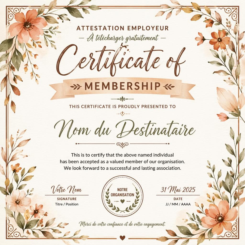 Modèle de certificat paysage A4, style lettrage manuscrit, bord floral aquarelle, tons terre, signature et date.