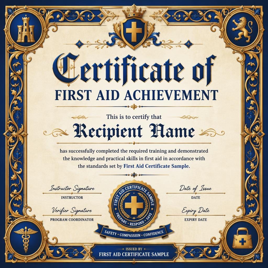 Landscape A4 gift voucher certificate template in medieval illuminated style with royal blue and gold border, heading, seal and signature lines.
