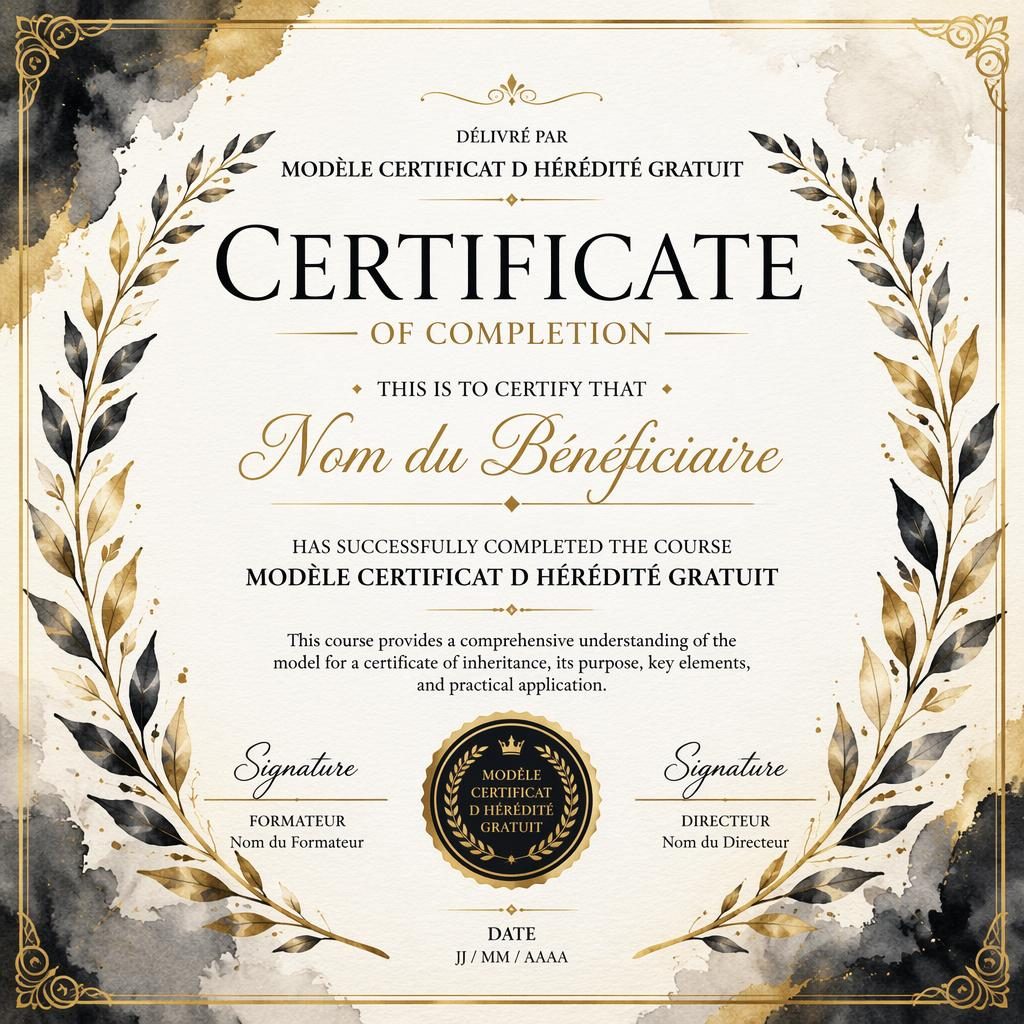 Certificat paysage A4 style aquarelle, bordure couronne de laurier noir et or, titre central, zones signature et sceau