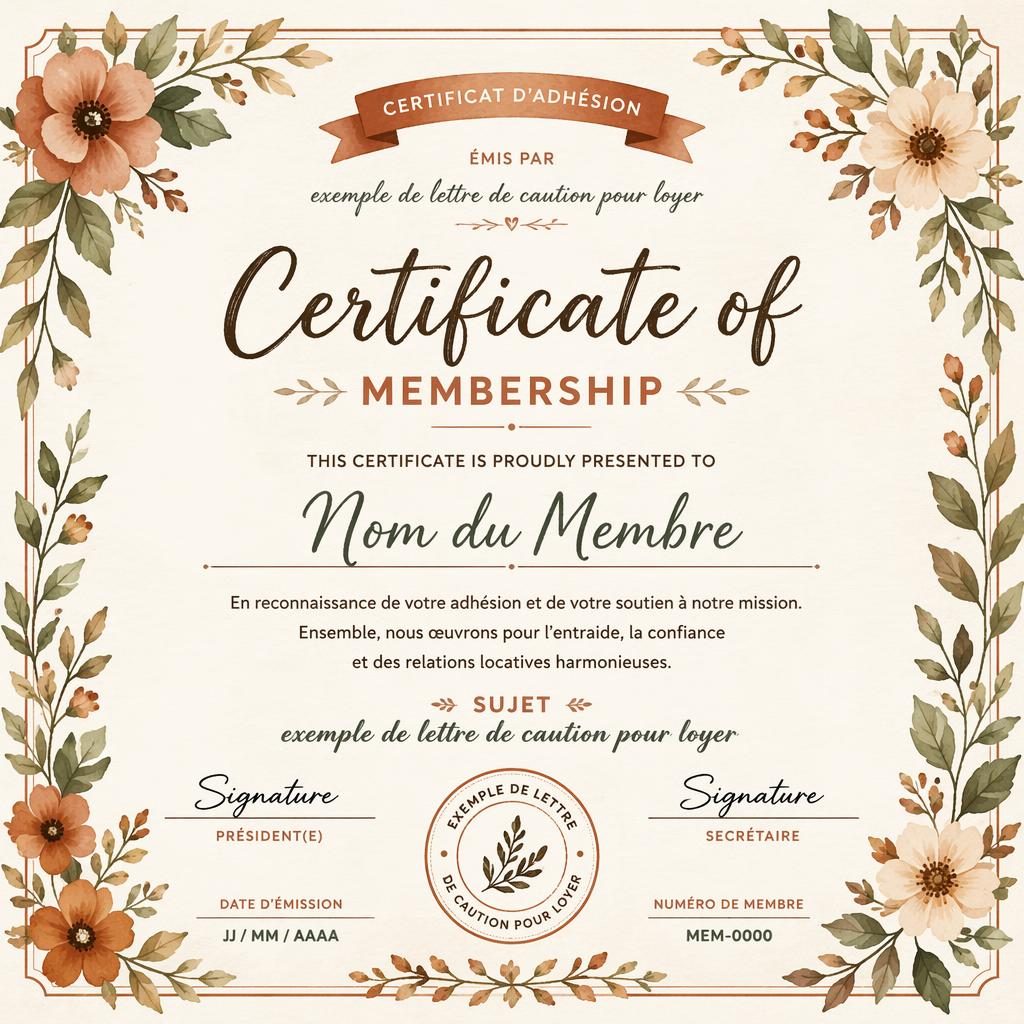 Modèle de certificat d’adhésion paysage A4 avec bordure florale aquarelle, titre central, zones de signature, date et sceau