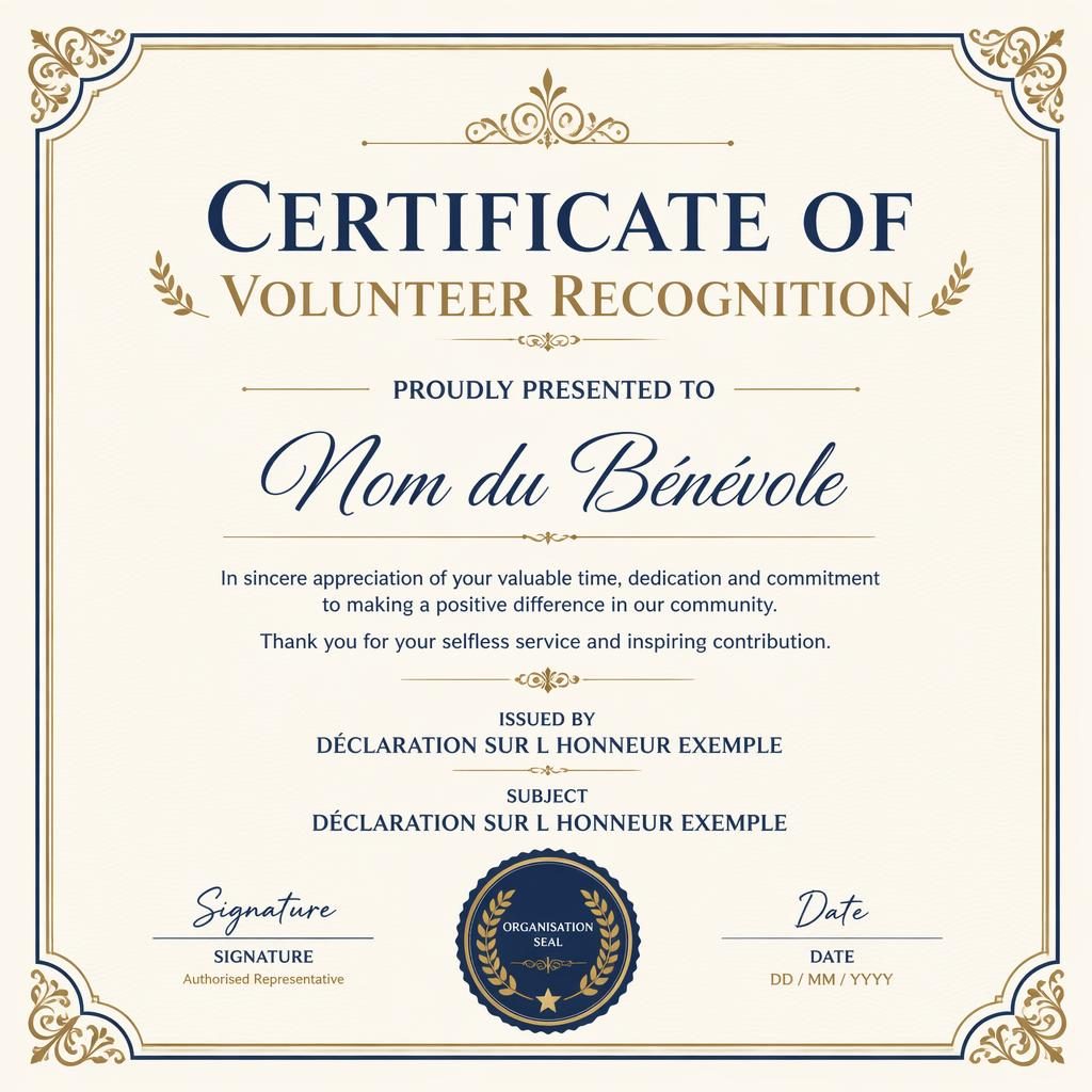 Modèle de certificat paysage A4 crème, or et marine, bordure fine, titre central, lignes de signature et sceau.