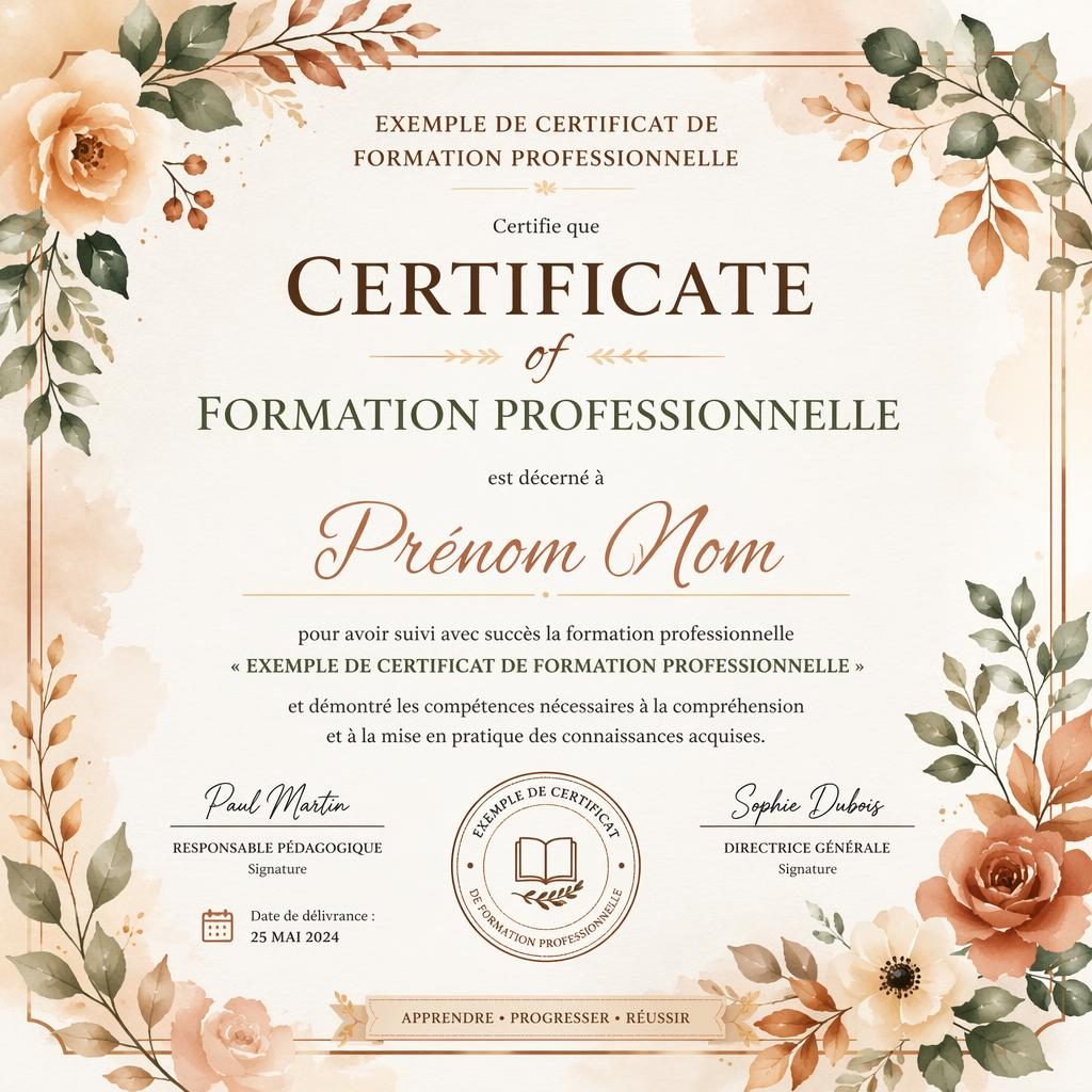 Modèle de certificat d’adhésion A4 paysage, bordure florale aquarelle, tons terre chauds, titre central, signature et date.