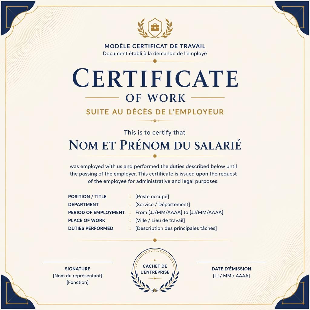 Template de certificat paysage A4 moderne minimal, crème, or et bleu marine, bord fin, titre central, signature et sceau.