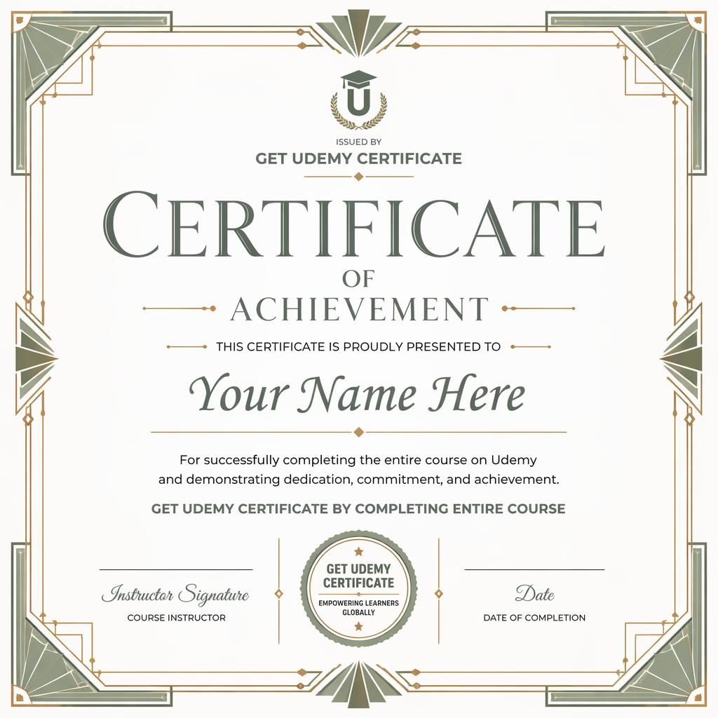 Landscape A4 art deco achievement certificate template with geometric border, white and sage palette, heading, name, signature lines