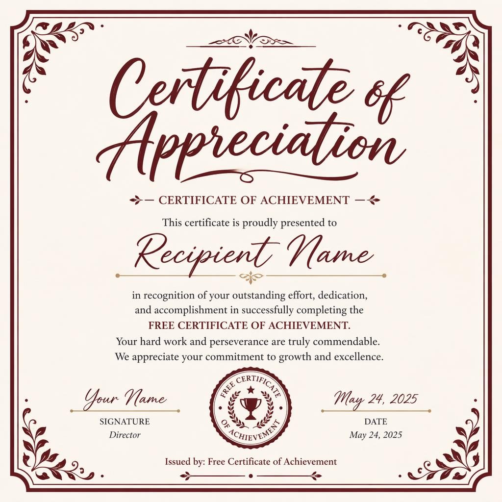 Landscape A4 appreciation certificate template with burgundy border, hand-lettered heading, recipient lines, signature area, date, and seal.
