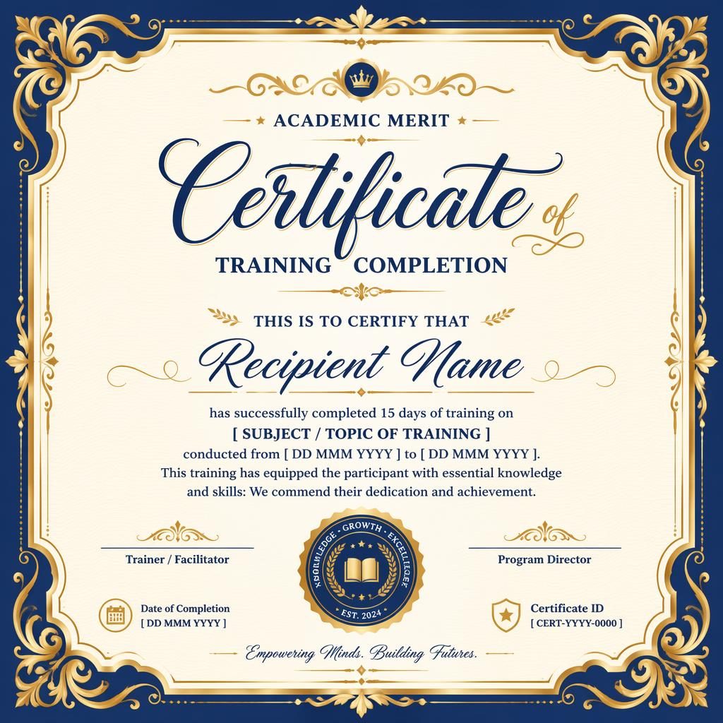 Landscape A4 academic merit certificate template in royal blue and gold with decorative border, heading, signature lines