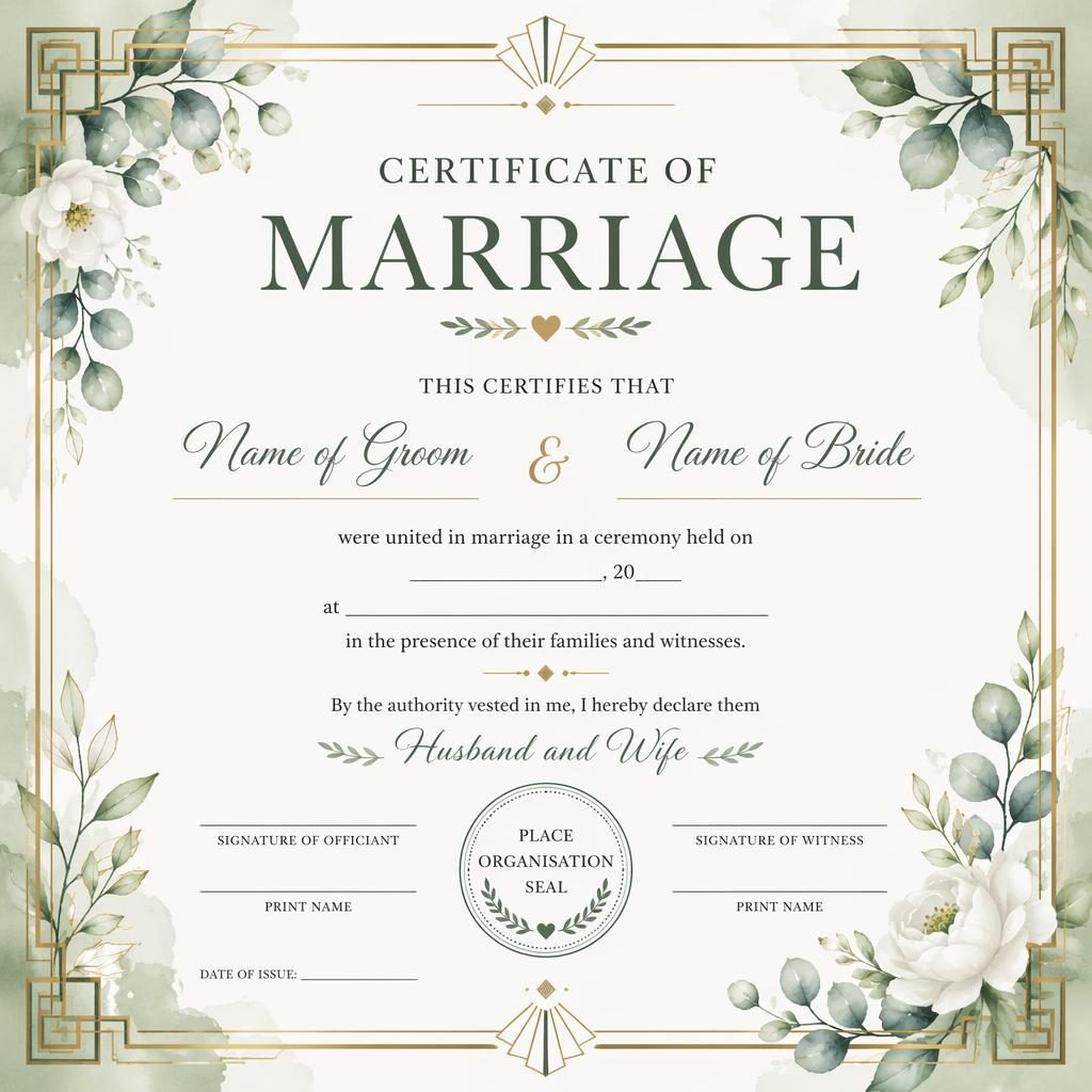 Landscape A4 certificate template in white and sage with watercolor texture, art deco border, heading, signature lines, date and seal.