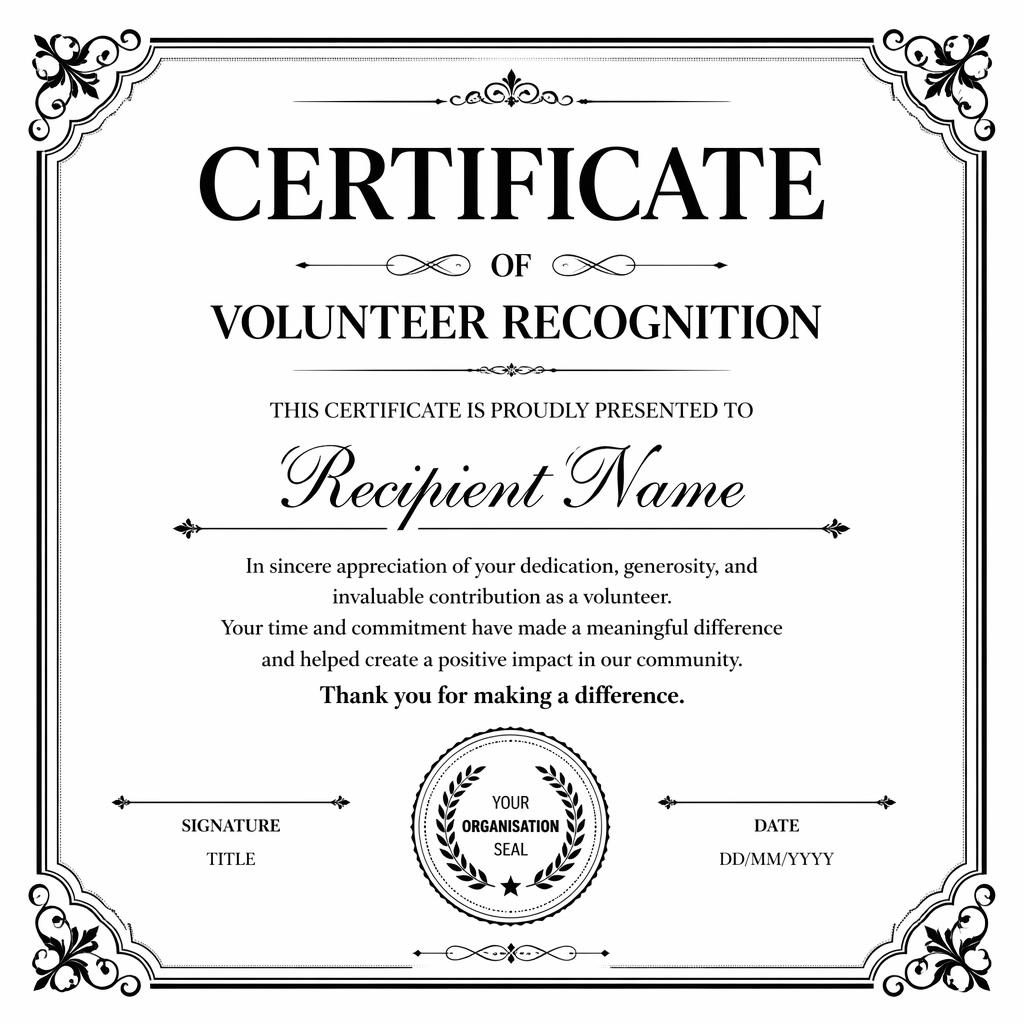 Landscape A4 volunteer recognition certificate template with ornate double-line border, heading, signature lines, date, and seal