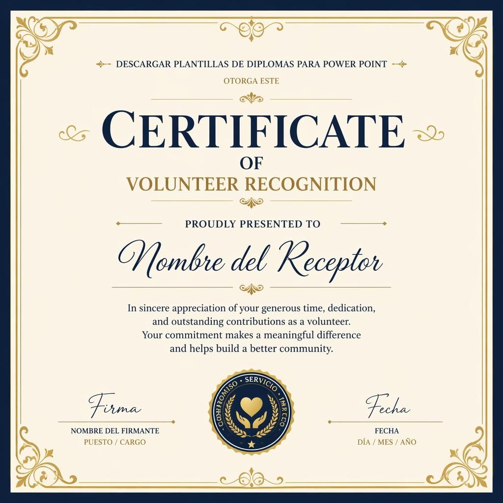 Plantilla de certificado horizontal A4 en crema, dorado y azul marino, con borde fino, título central y líneas de firma