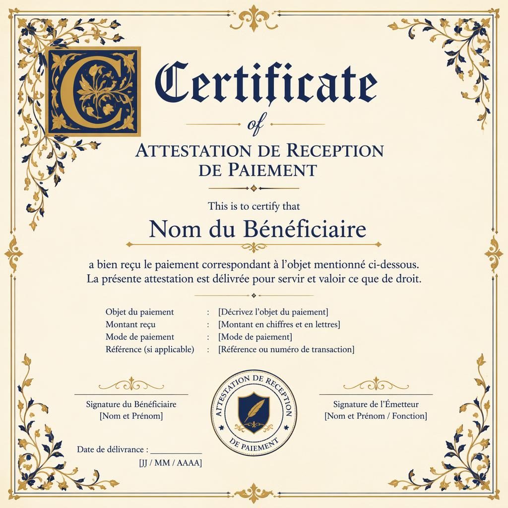 Modèle de certificat A4 paysage style enluminure médiévale, bordure fine crème or et bleu marine, signature et sceau.