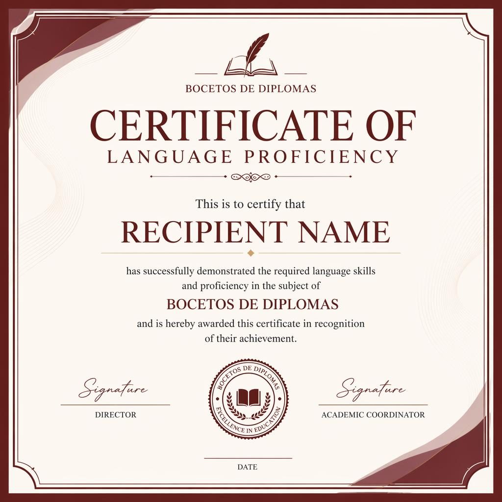 Plantilla de certificado horizontal A4 en burdeos, con doble borde clásico, título central, líneas de firma, fecha y sello