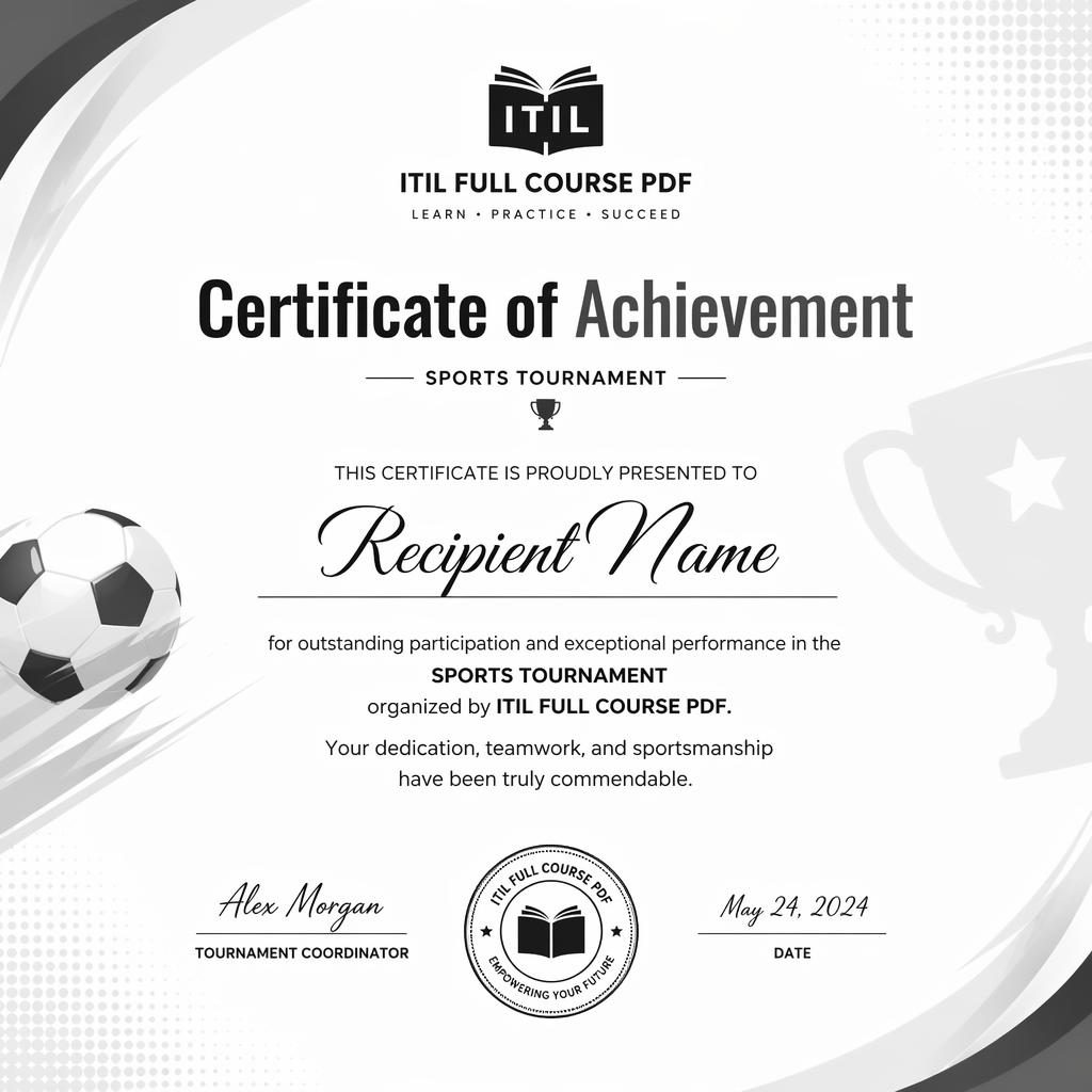 Modern minimal monochrome sports tournament certificate template in landscape A4 with heading, recipient name, body text, signature lines, date, and seal.