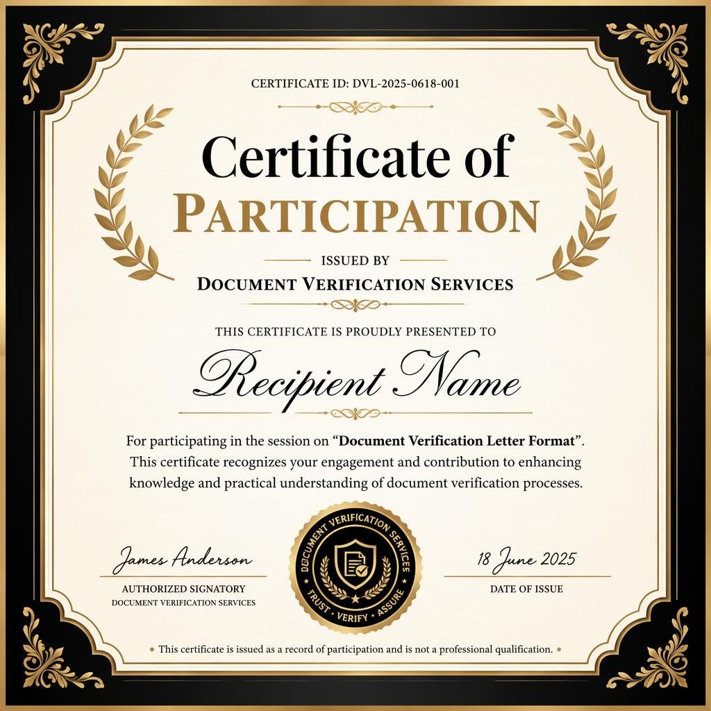 Classic ornate participation certificate template with laurel wreath border, black and gold palette, signatures and seal