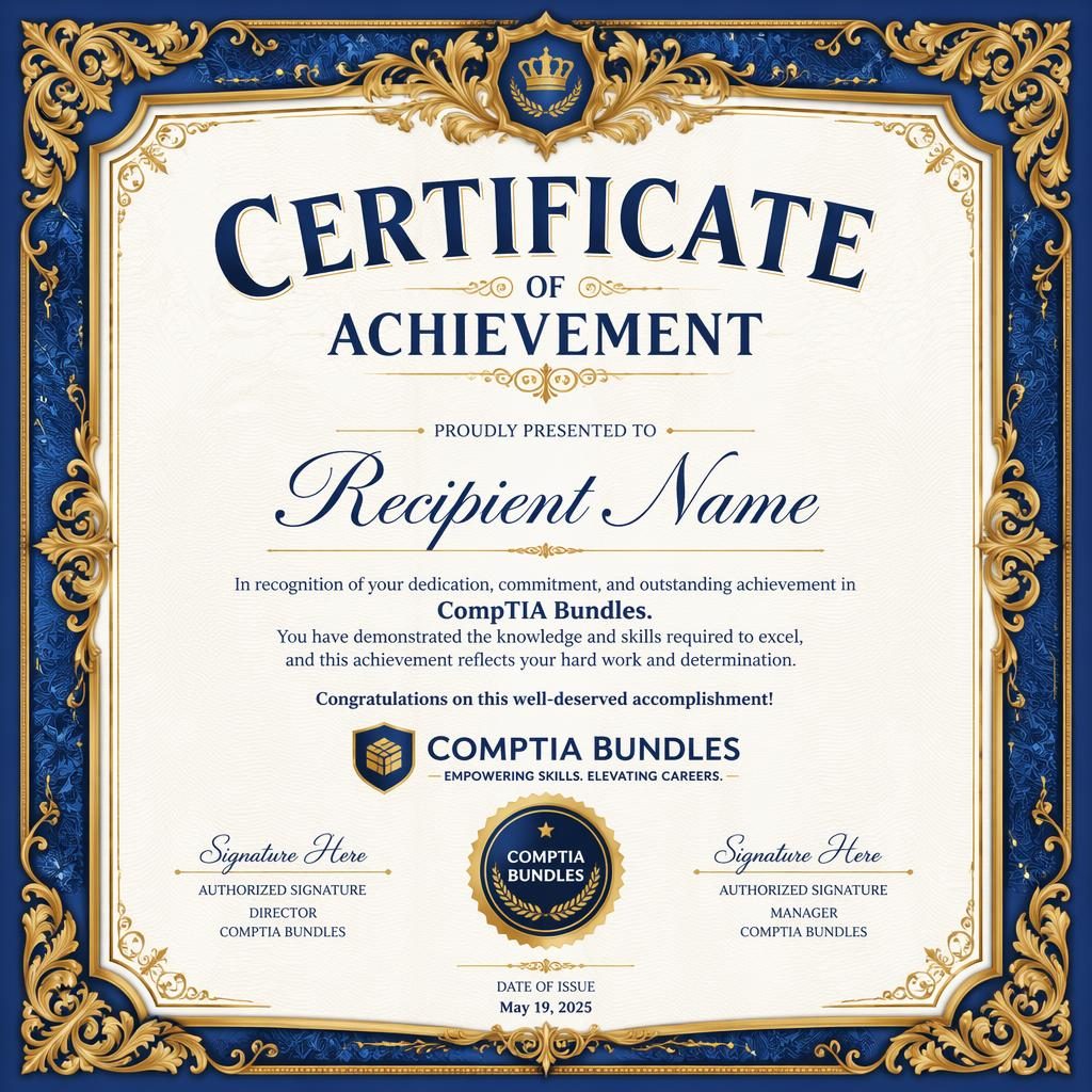 Landscape A4 achievement certificate template with ornate blue and gold border, heading, recipient text, signature lines.