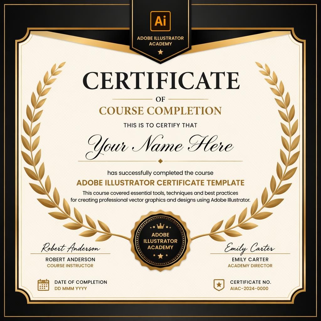 Landscape A4 course completion certificate template with laurel wreath border, black and gold palette, signature lines