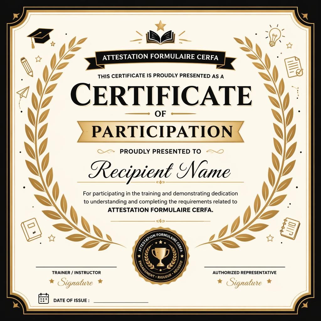Modèle de certificat de participation A4 paysage, style scolaire chic noir et or, bordure de laurier, signature et date.
