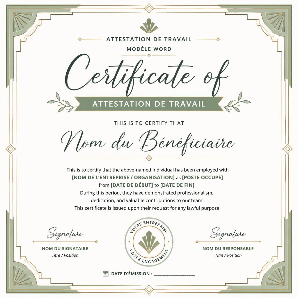 Certificat académique paysage A4 blanc et sauge, bordure art déco, titre central, lignes de signature et sceau