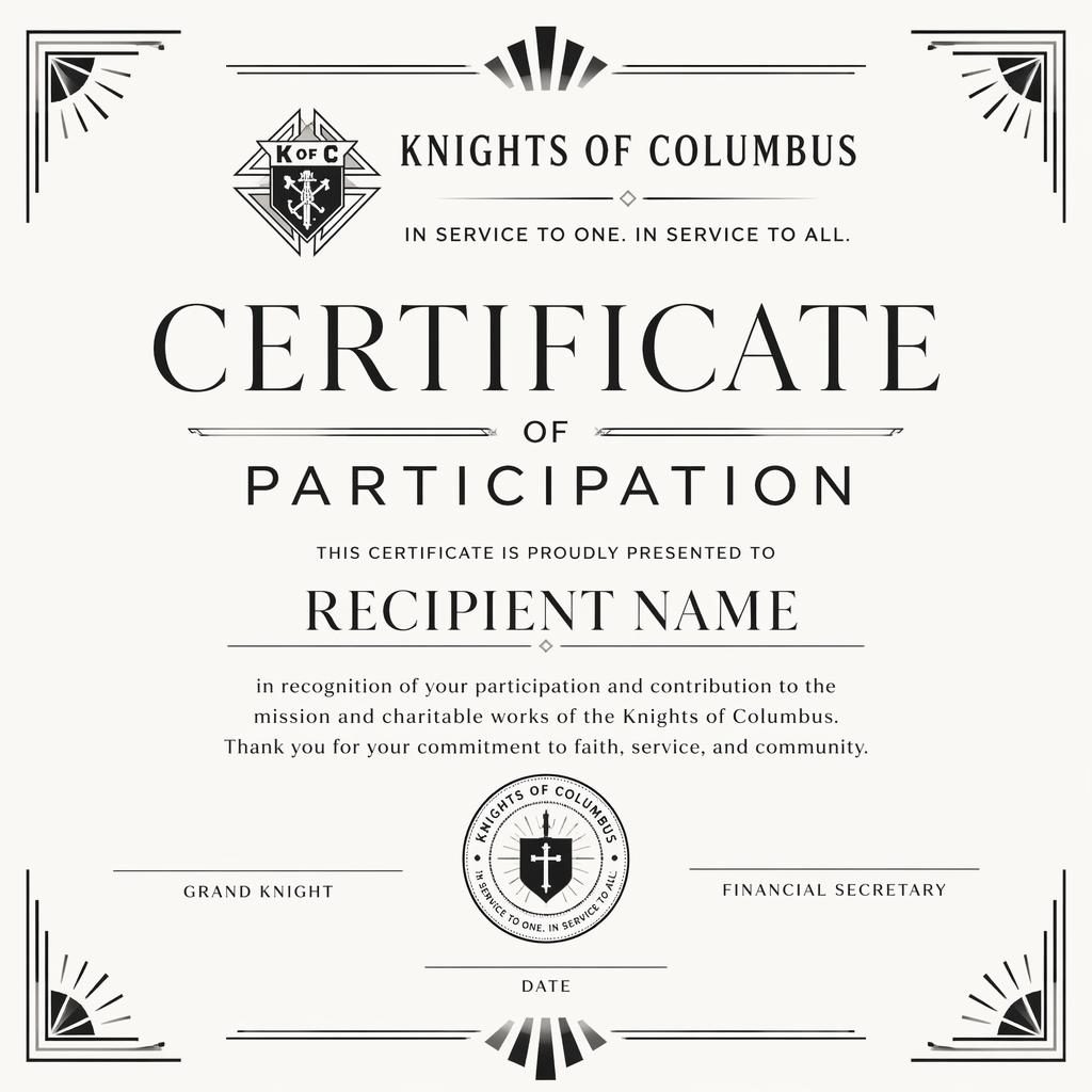 Landscape A4 participation certificate template in art deco style with monochrome layout, heading, name, signatures, date.