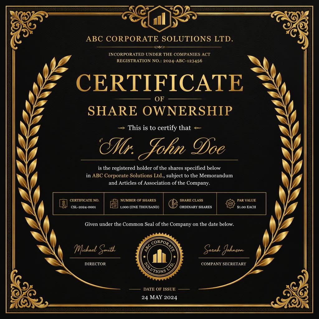 Luxury black and gold landscape A4 company share certificate template with laurel wreath border, heading, signature lines, date, and seal.