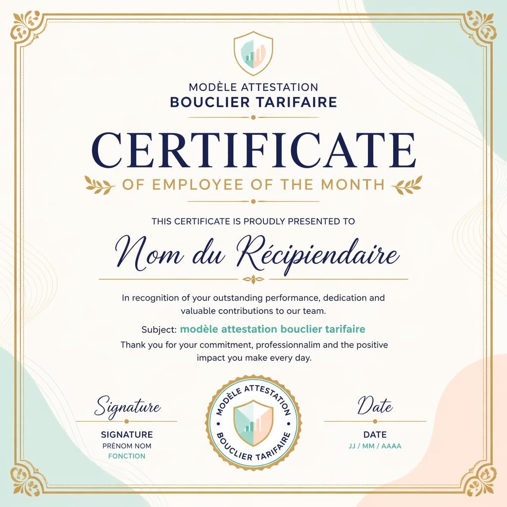 Certificat A4 paysage minimaliste avec bordure dorée, palette pastel, titre central, lignes de signature et sceau.