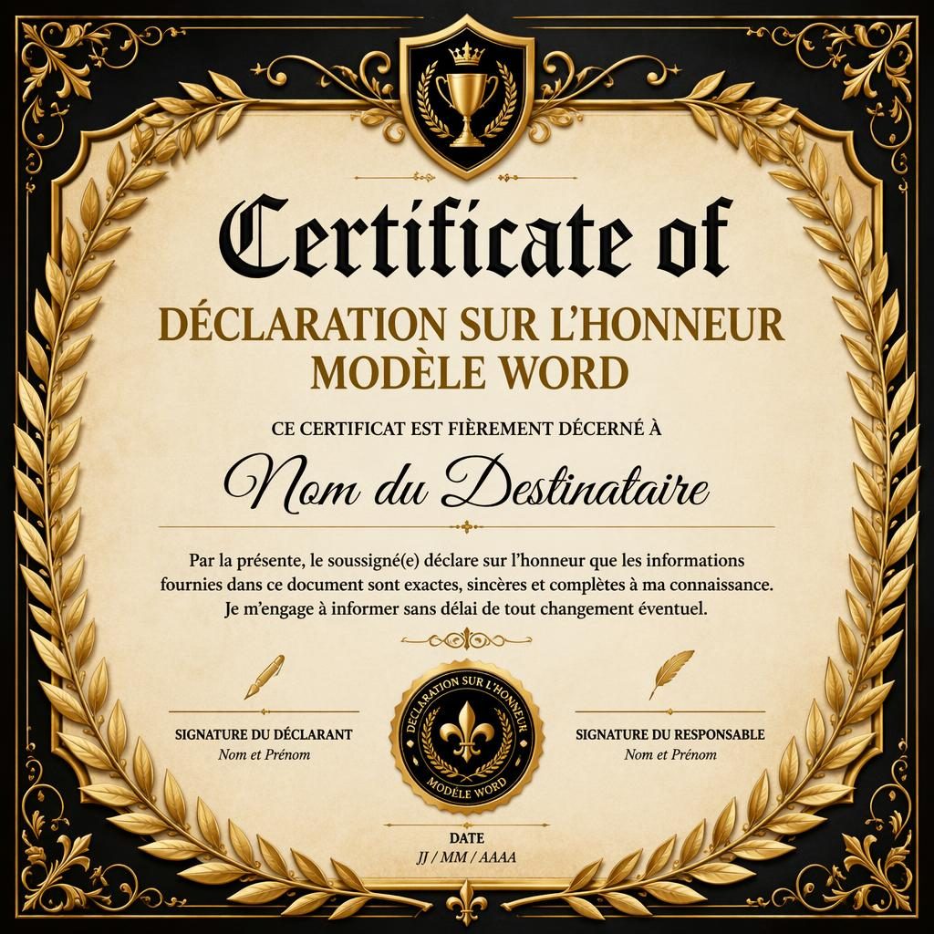 Certificat paysage A4 style médiéval enluminé, bordure de laurier noir et or, titre central, signature, date et sceau