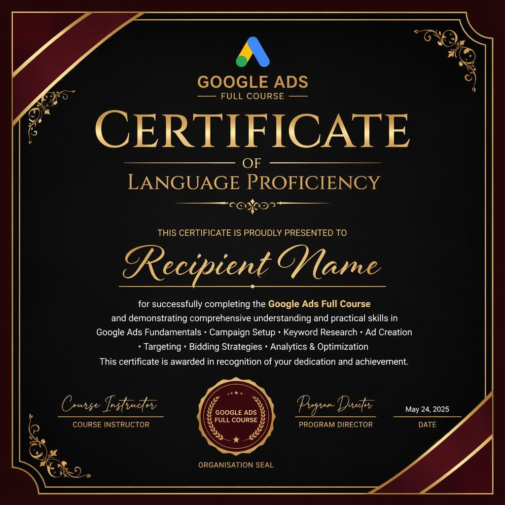 Luxury black and gold language proficiency certificate template in landscape A4 with classic border, seal, signatures, and date.