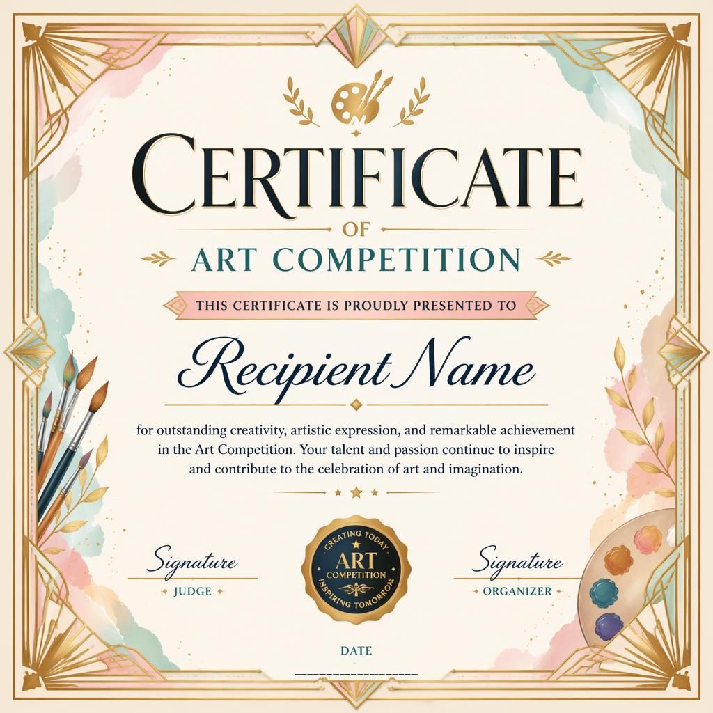 Landscape A4 art competition certificate template with gold border, pastel palette, heading, name field, signature lines