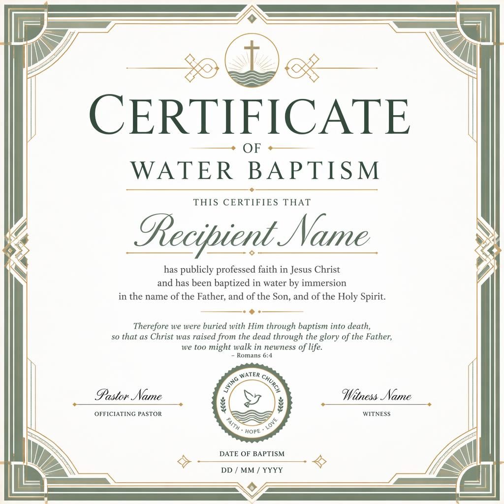 Landscape A4 baptism certificate template with ornate art deco border, white and sage palette, heading, body text, signatures