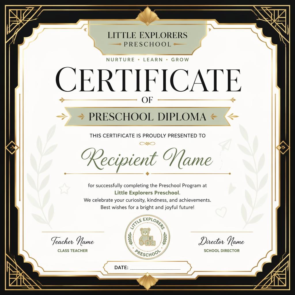 Landscape A4 luxury certificate template with black and gold art deco border, sage accents, heading, name, signature lines.