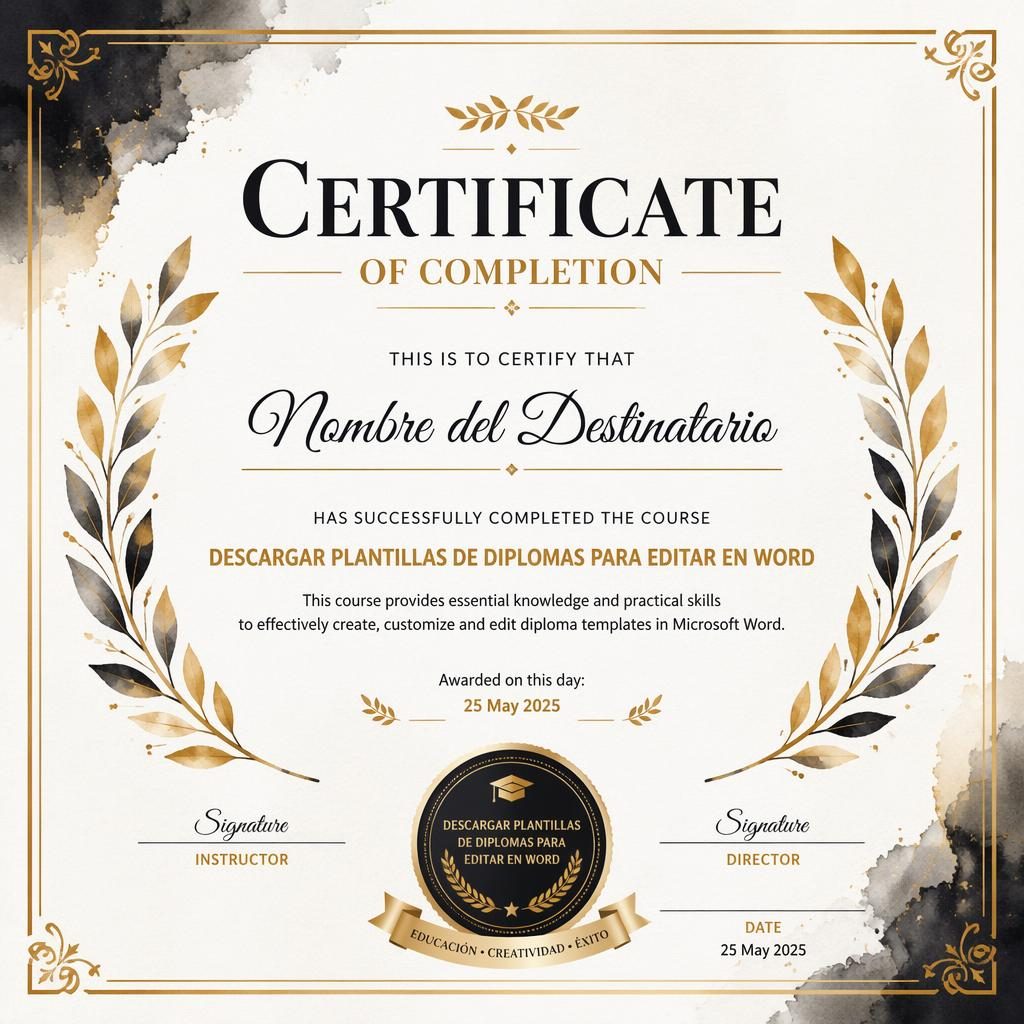 Plantilla de certificado A4 horizontal con marco de laurel, acuarela cálida, tonos negro y dorado, firmas y sello