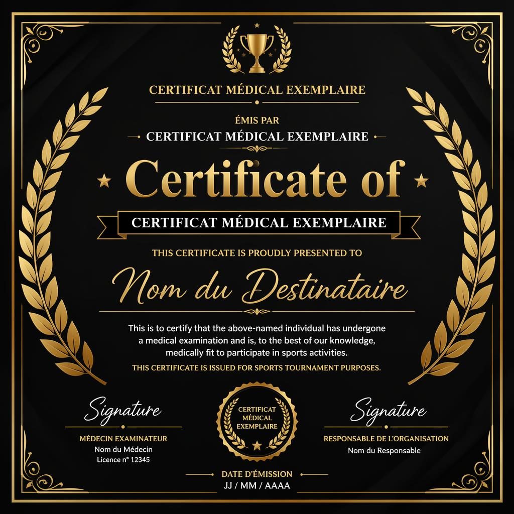 Modèle de certificat médical exemplaire au format A4 paysage, noir et or, avec bordure de laurier, titre central et zones de signature.