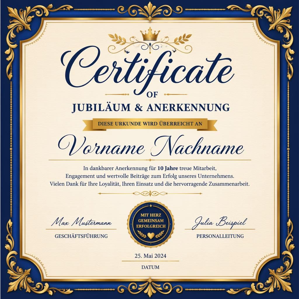 Akademische Urkundenvorlage im Querformat A4 mit blau-goldenem Zierrahmen, handschriftlichem Stil und Signaturzeilen