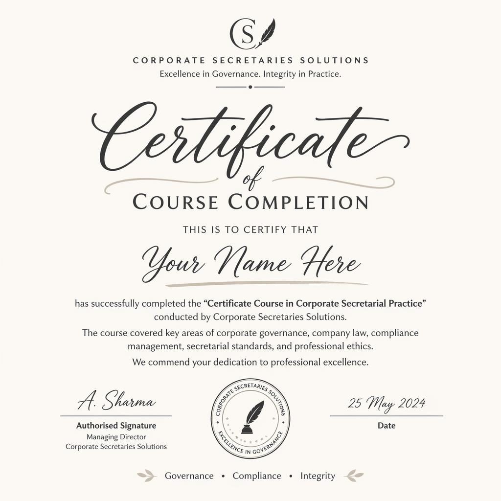 Landscape A4 course completion certificate template with hand-lettered heading, recipient name, signature lines, date, and seal.