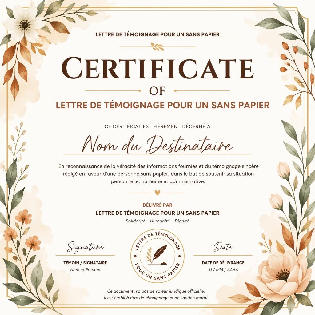 Modèle de certificat A4 paysage, style minimal moderne, bordure florale aquarelle, tons terre, zones signature et sceau.