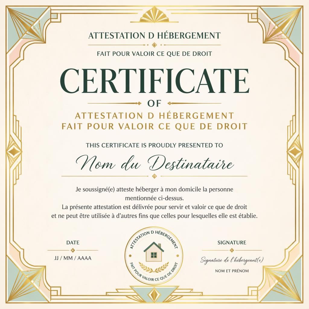 Modèle de certificat paysage A4 art déco avec bordure dorée, tons pastel, titre central, lignes de signature et sceau.