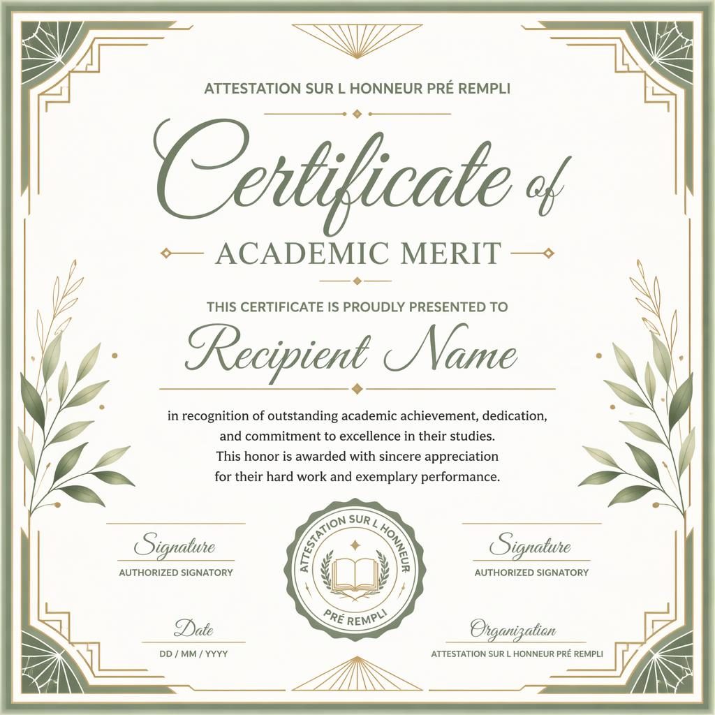 Modèle de certificat académique A4 paysage, palette blanc et sauge, bordure art déco, signature, date et sceau.