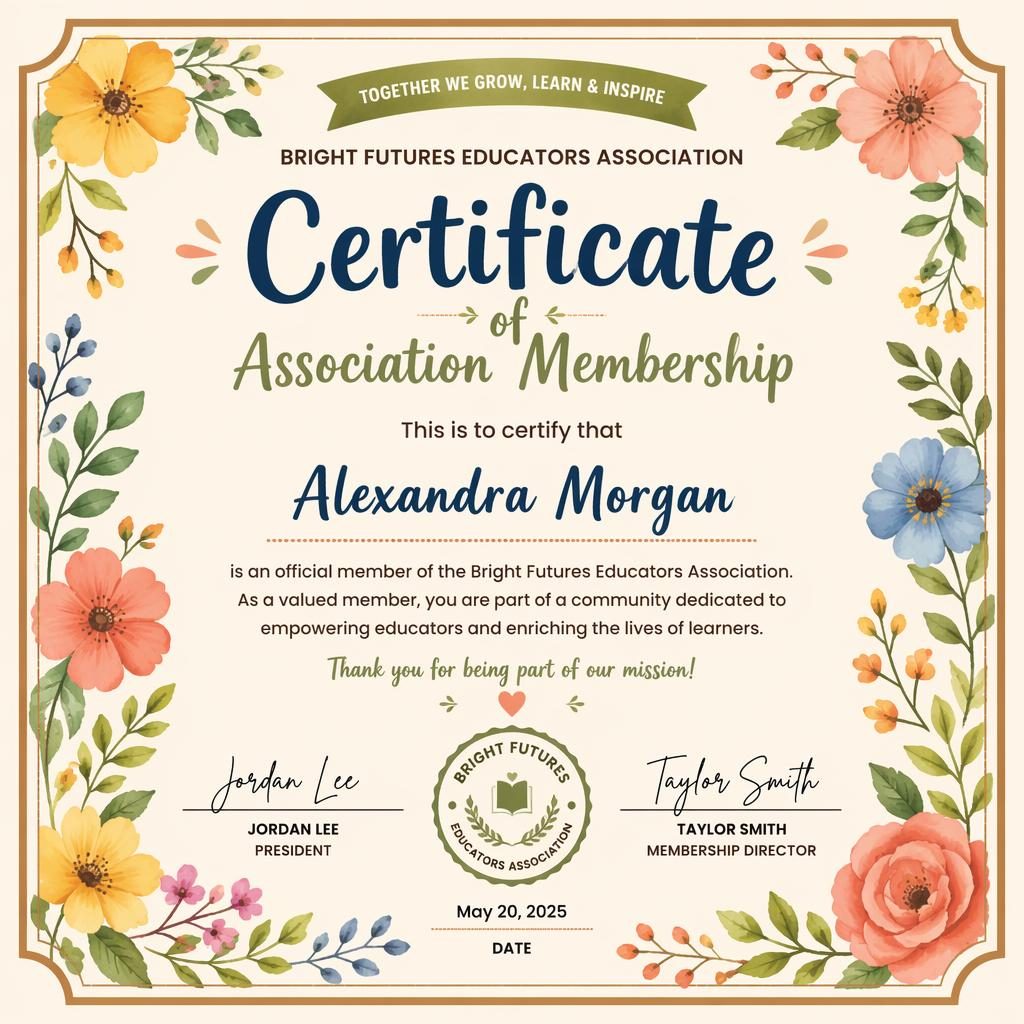 Landscape A4 certificate template with floral watercolor border, heading, recipient placeholder, signature lines, date, and seal.
