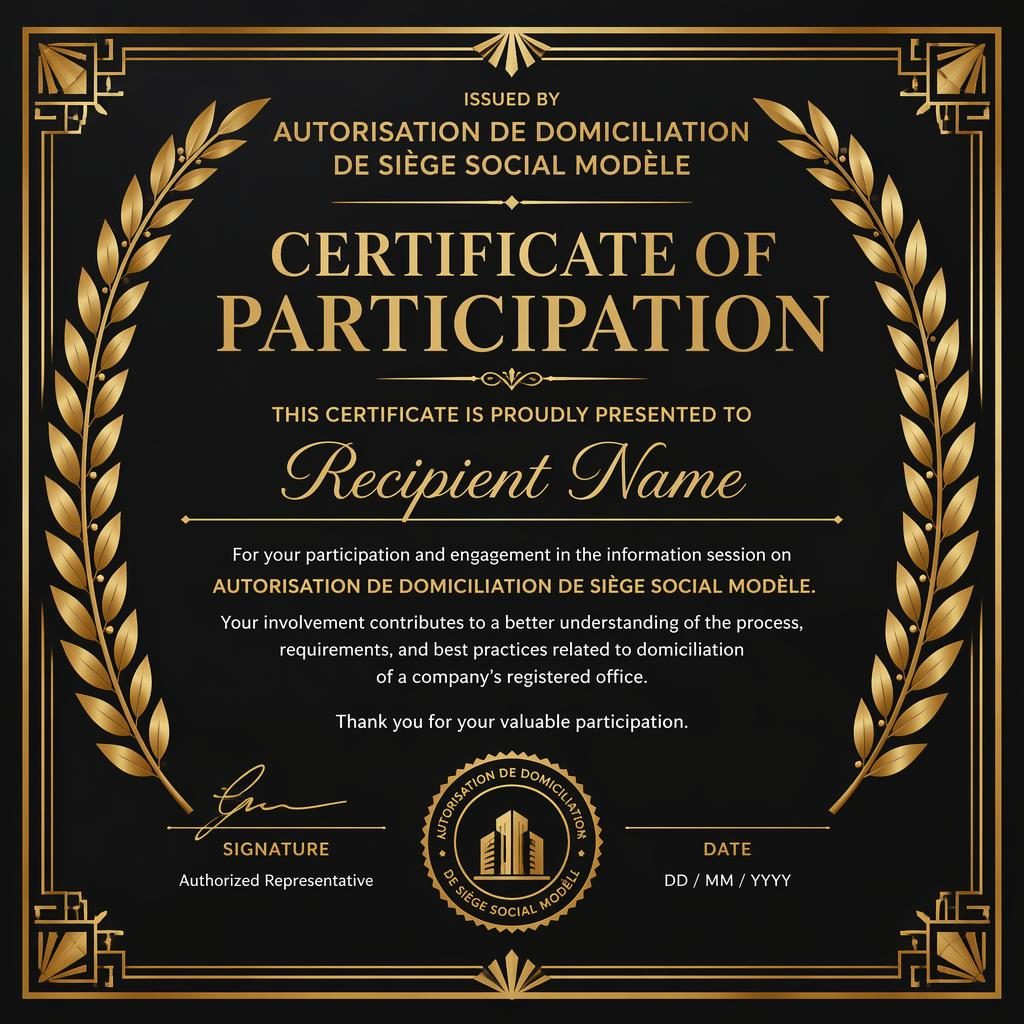 Certificat paysage A4 art déco noir et or, bordure de laurier, titre central, nom fictif, signatures et sceau