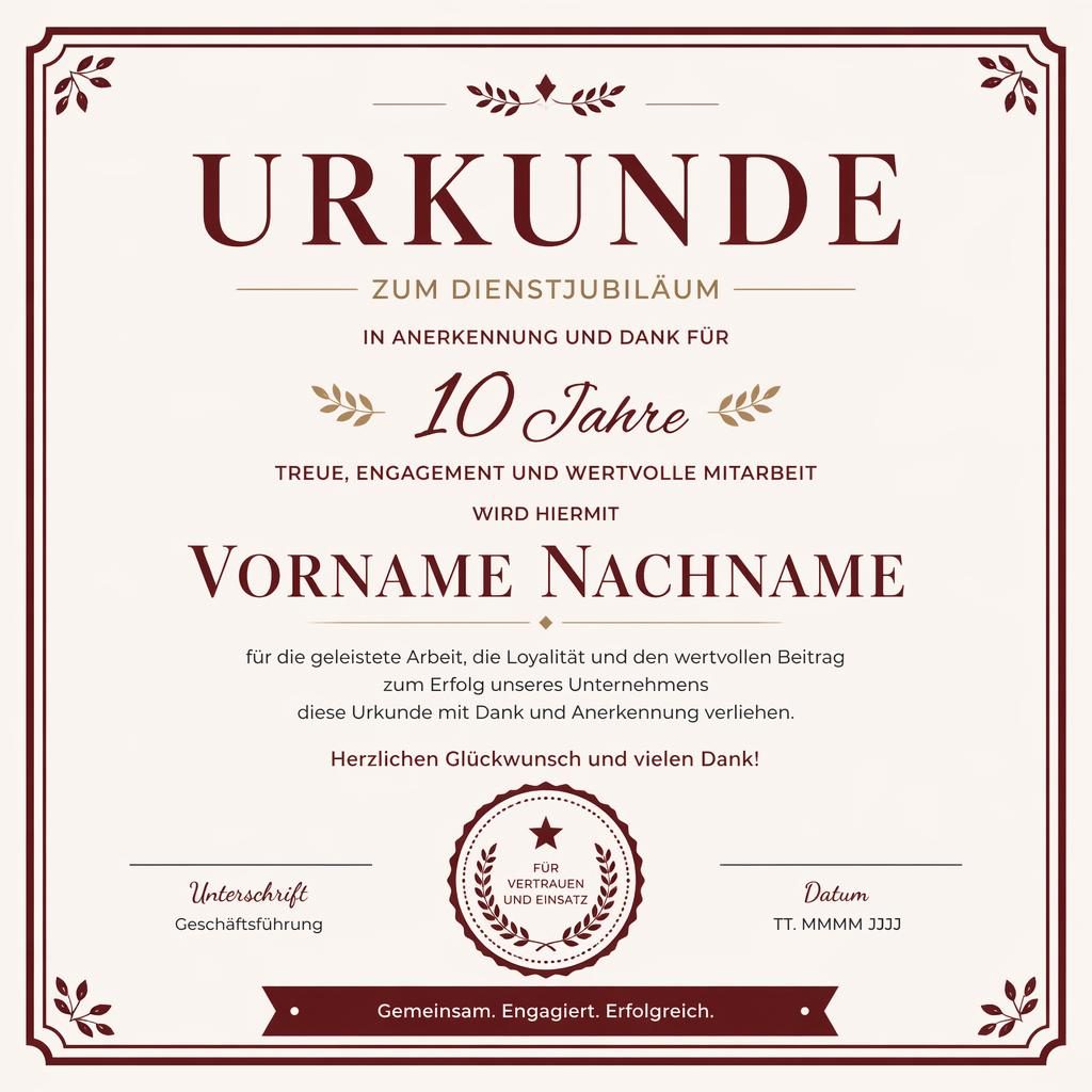 Moderne A4-Zertifikatvorlage im Querformat mit bordeauxrotem Doppelrahmen, großer Überschrift, Namensfeld, Textblock, Signaturen und Siegel.