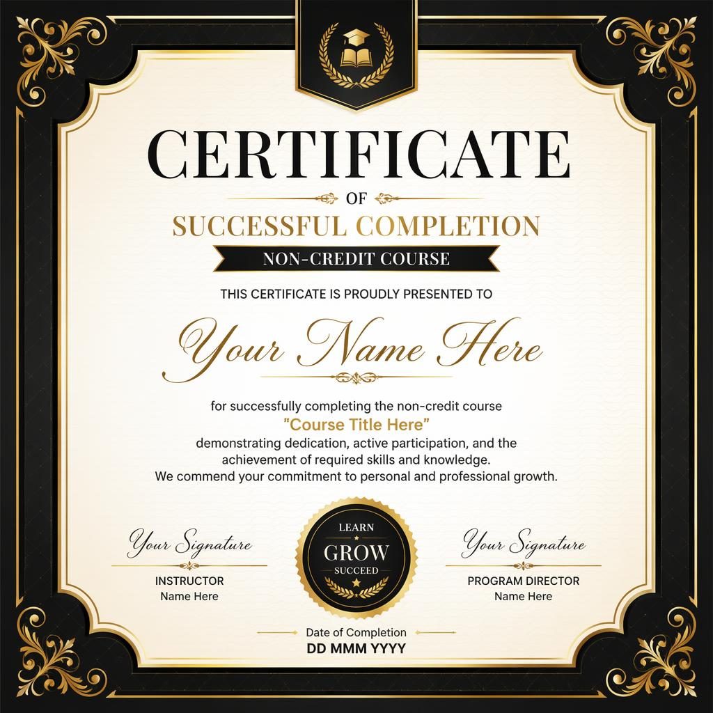 Landscape A4 certificate template in black and gold with ornate border, heading, recipient name, signature lines, date and seal.