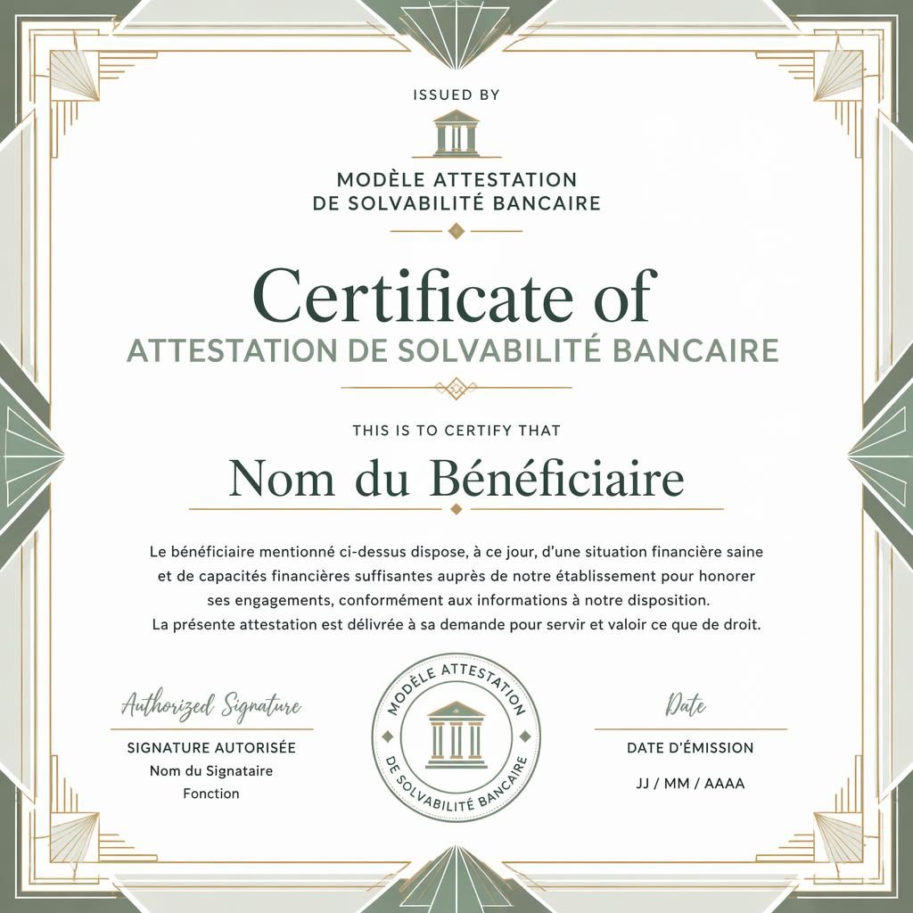 Modèle de certificat cadeau A4 paysage, style minimal moderne, bordure art déco sauge et blanc, signature et sceau.