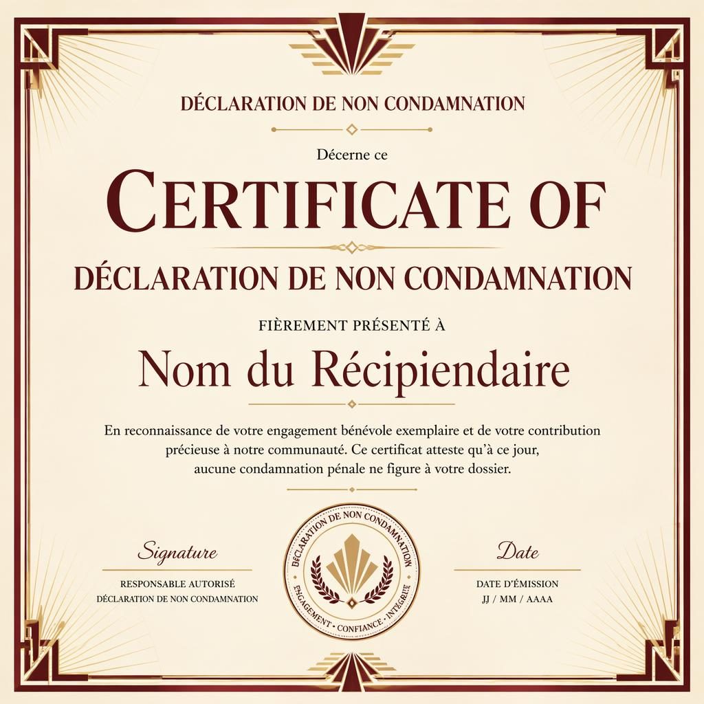 Certificat paysage A4 style Art déco bordeaux, bordure classique, titre central, lignes de signature, date et sceau.
