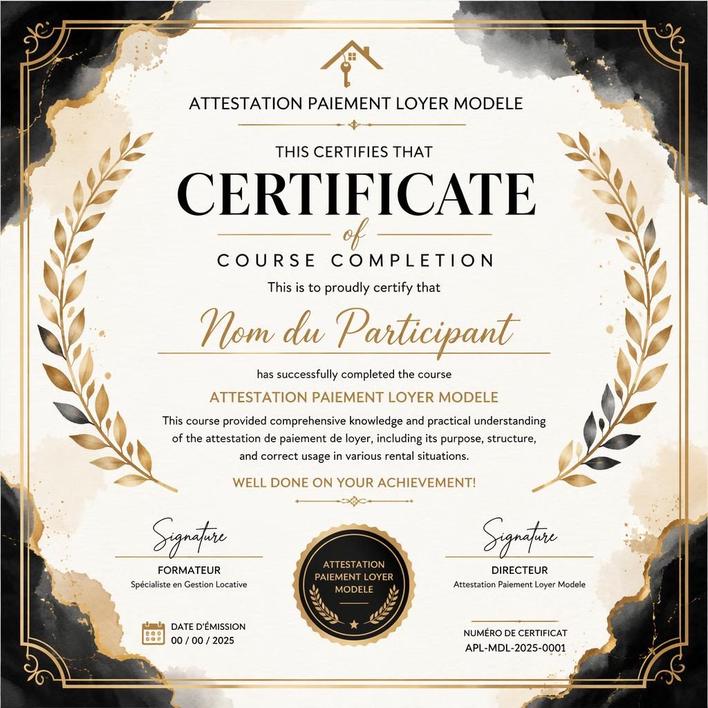 Modèle de certificat A4 paysage aquarelle noir et or, bordure de laurier, titre central, signature, date et sceau.