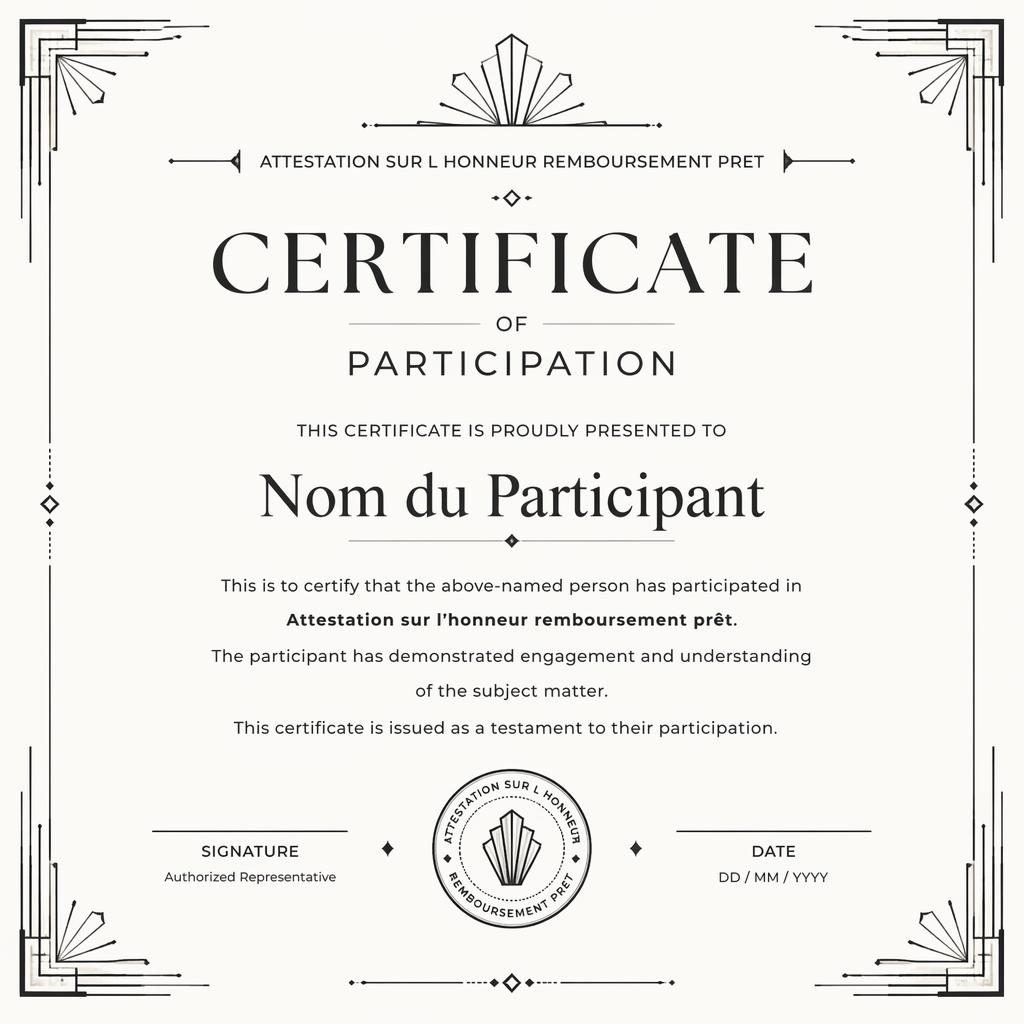 Modèle de certificat paysage A4 art déco monochrome, titre central, nom, texte, signatures, date et sceau.