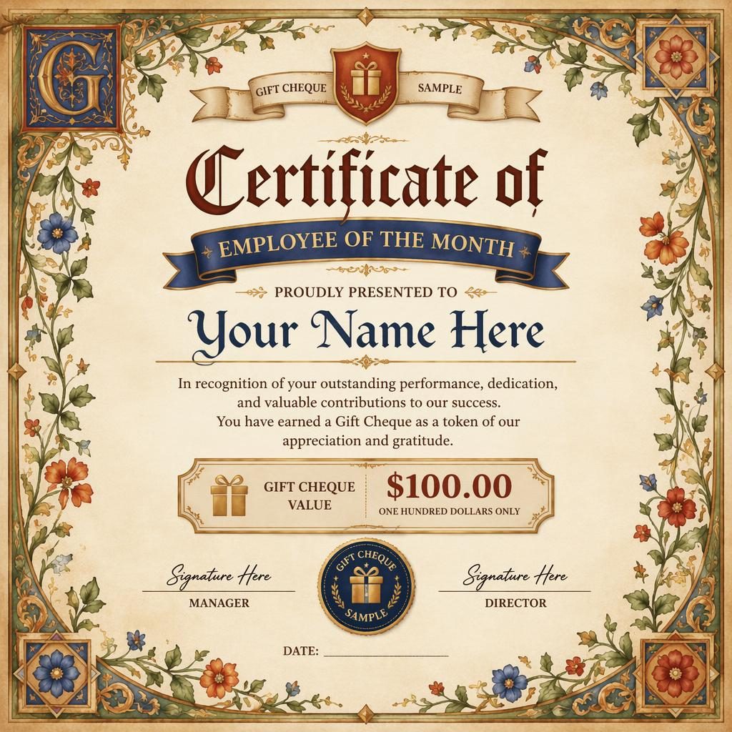 Landscape A4 employee of the month certificate template with medieval illuminated floral border, signature lines, date, and seal.