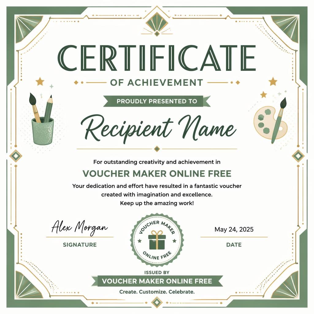 Landscape A4 achievement certificate template with art deco border, white and sage palette, heading, name, text, signature lines