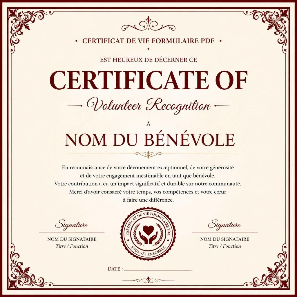 Modèle de certificat paysage A4 style classique orné, bordure double ligne bordeaux, titre central, signature et date