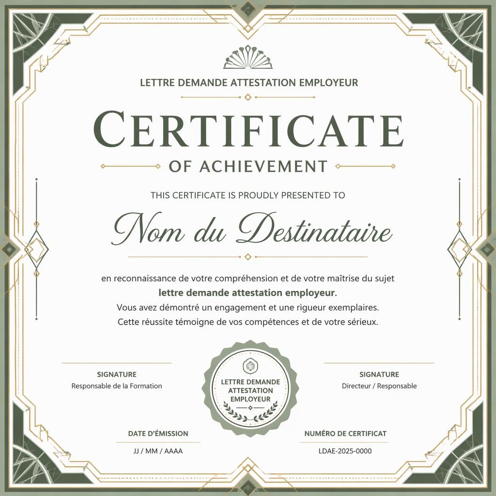 Modèle de certificat horizontal A4 blanc et vert sauge, bordure art déco, titre central, lignes de signature et date.